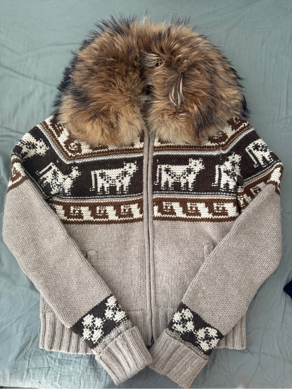 Vince Taupe, Brown & Cream Nordic Fur-Trimmed Knit Fair Isle Cardigan